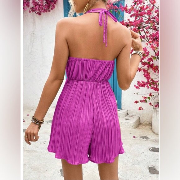 Pink Texture Pleated Material Ruffle Hem Jumpsuit - Picture 2 of 3